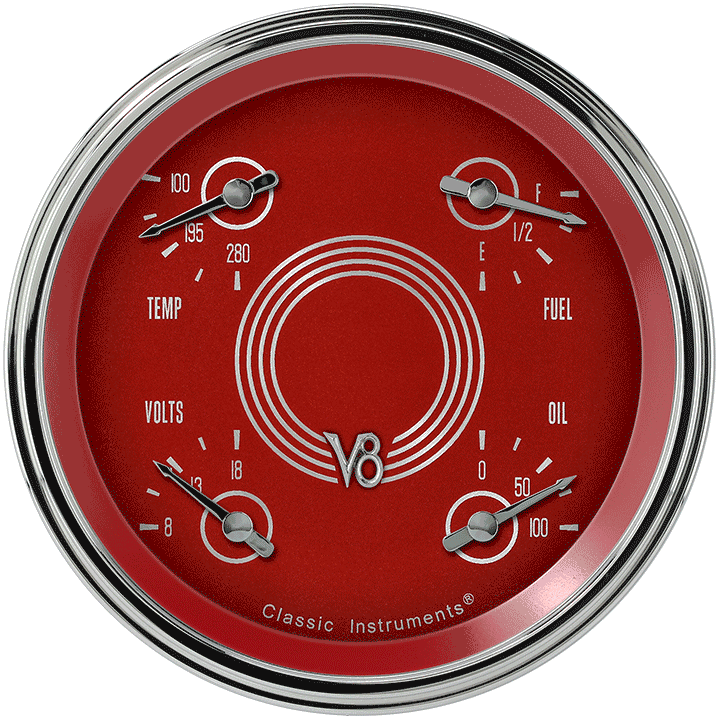 Classic Instruments V8RS75SLC, V8 Red Steelie 4-5/8" Quad Gauge