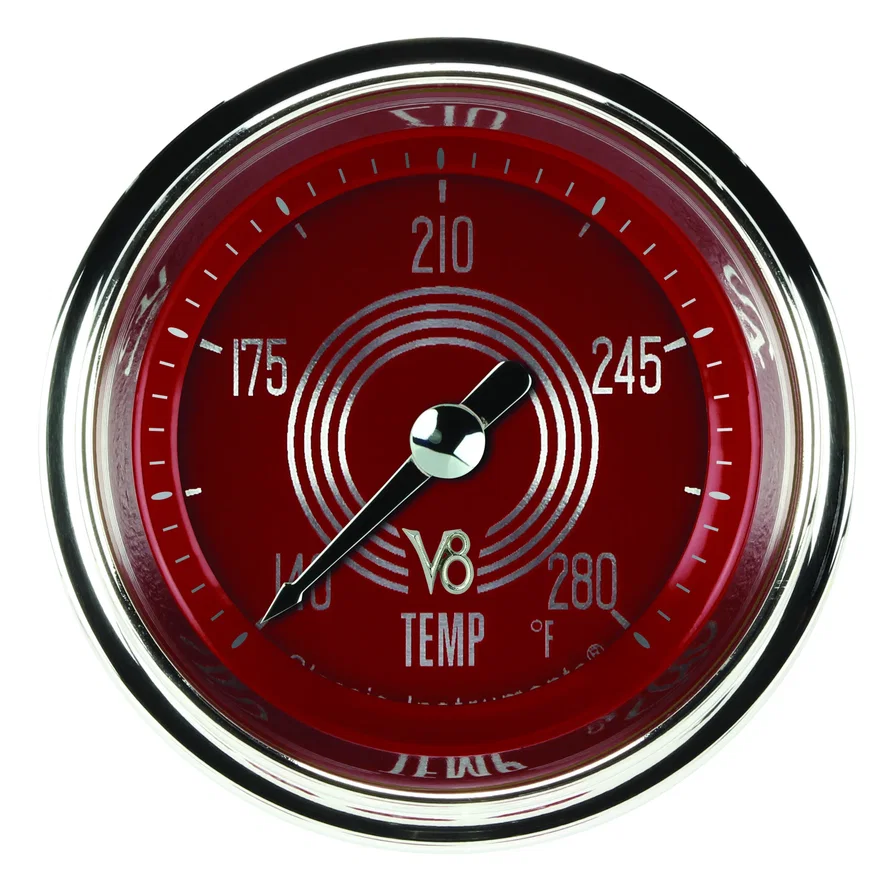Classic Instruments V8RS126SHC-02, V8 Red Steelie 2-1/8" Full Sweep Water Temp Gauge