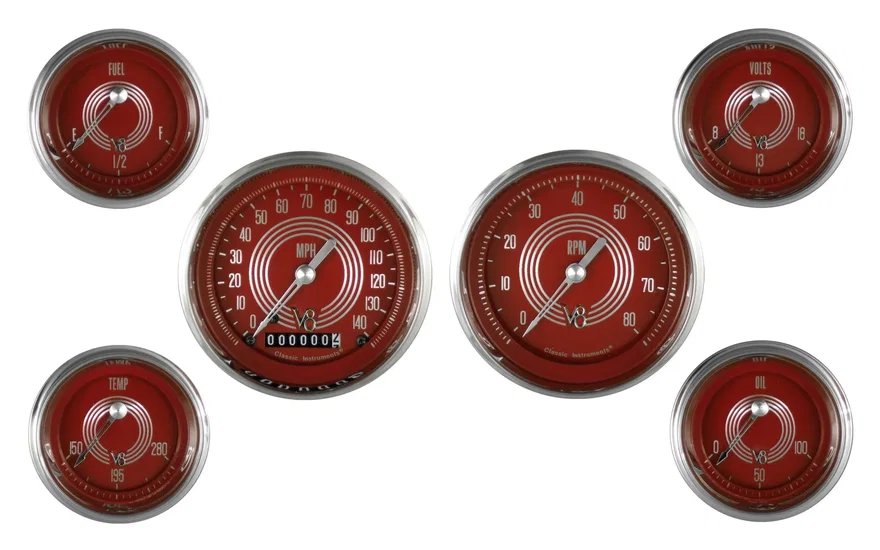 Classic Instruments V8RS01SHC, V8 Red Steelie Six Gauge Set