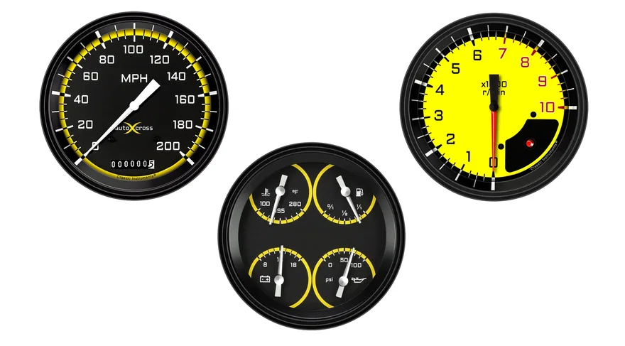 Classic Instruments AX53YBLF, AutoCross Yellow Three Gauge Set