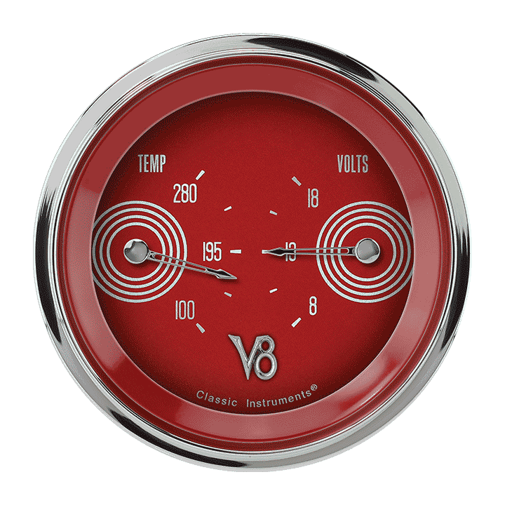 Classic Instruments V8RS74SHC, V8 Red Steelie 3-3/8" Temperature & Volt Dual Gauge
