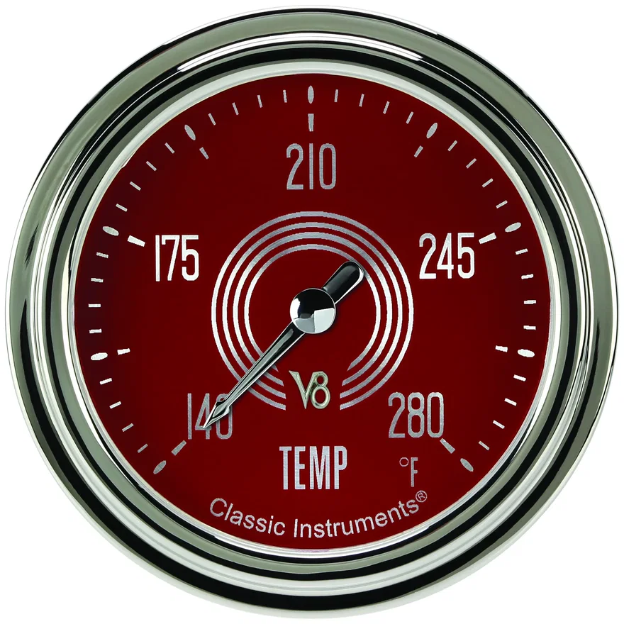 Classic Instruments V8RS326SLC-02, V8 Red Steelie 2-5/8" Full Sweep Water Temp Gauge