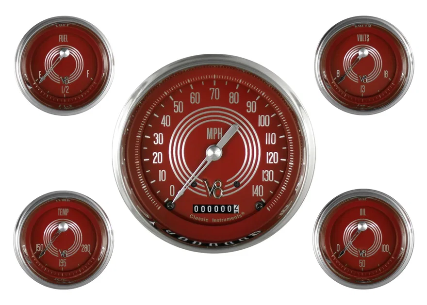 Classic Instruments V8RS54SLC, V8 Red Steelie Five Gauge Set