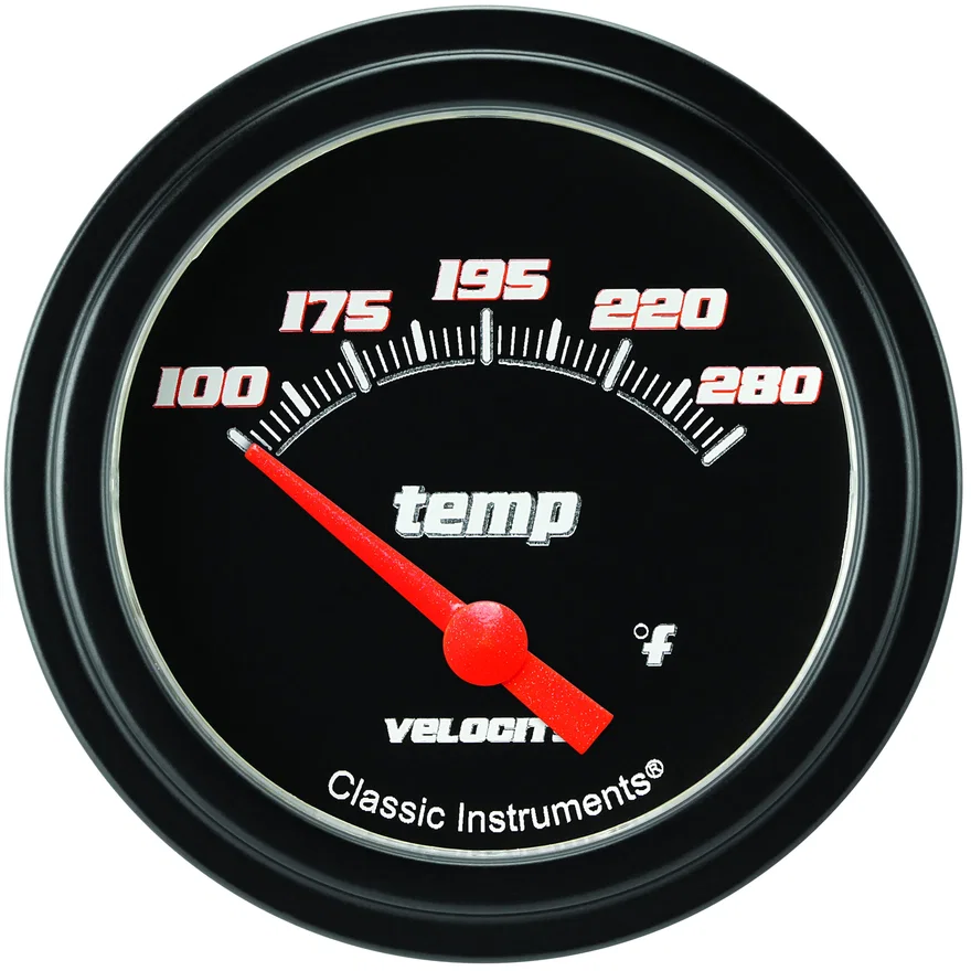 Classic Instruments VS226BBLF-08, Velocity Black 2-5/8" Short Sweep Water Temp Gauge