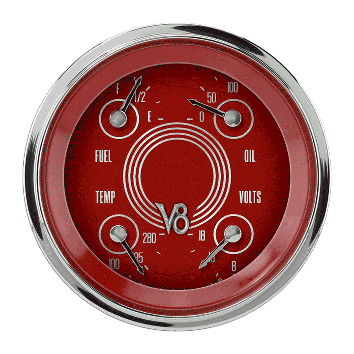 Classic Instruments V8RS76SHC, V8 Red Steelie 3-3/8" Quad Gauge