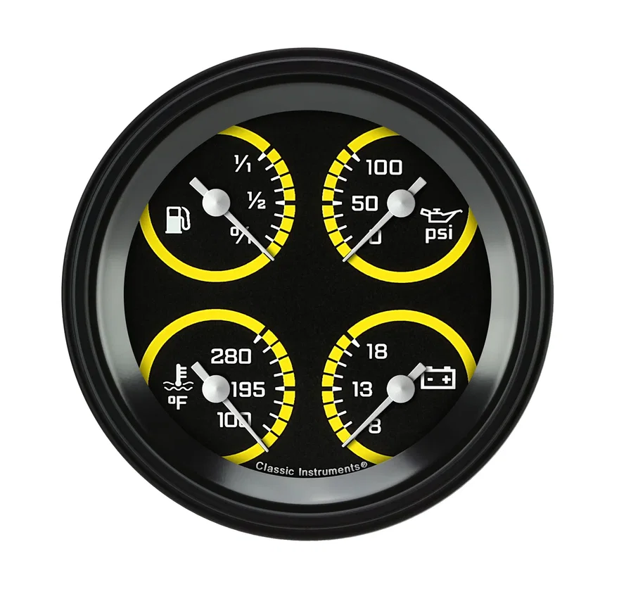 Classic Instruments AX73YBLF, AutoCross Yellow 3-3/8" Quad Gauge