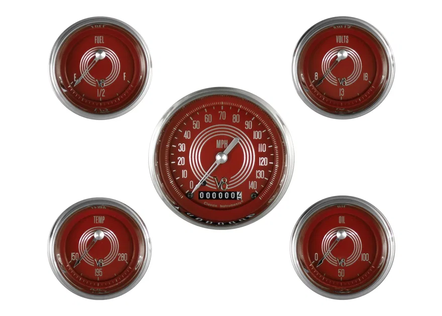 Classic Instruments V8RS00SHC, V8 Red Steelie Five Gauge Set