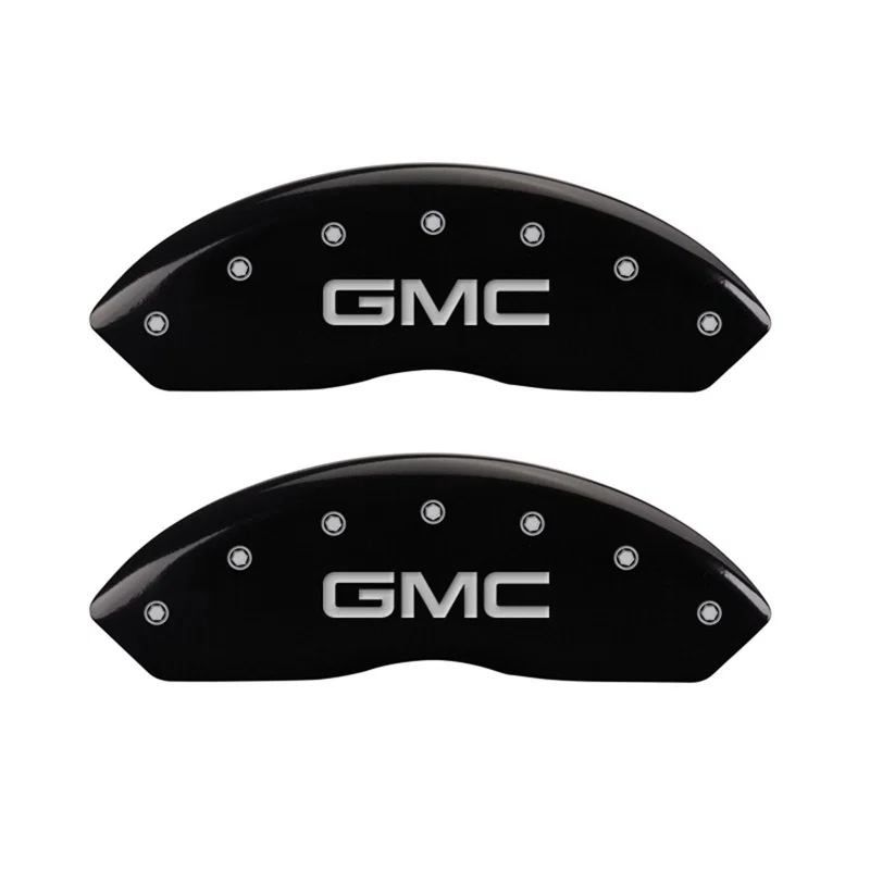MGP 34012FGMCBK, Front set 2 Caliper Covers Engraved Front GMC Black finish silver ch
