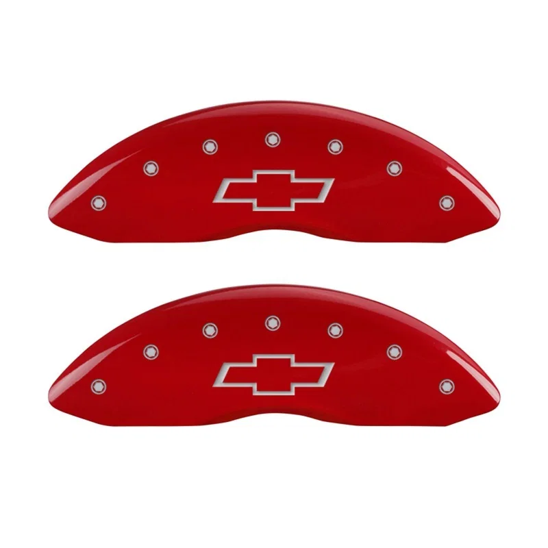 MGP 14238FBOWRD, Front set 2 Caliper Covers Engraved Front Bowtie Red finish silver ch