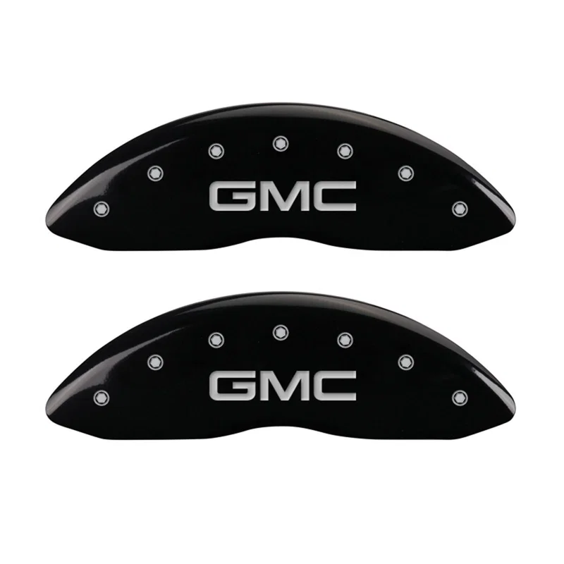 MGP 34207FGMCBK, Front set 2 Caliper Covers Engraved Front GMC Black finish silver ch