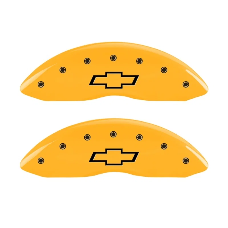 MGP 14221FBOWYL, Front set 2 Caliper Covers Engraved Front Bowtie Yellow finish black ch