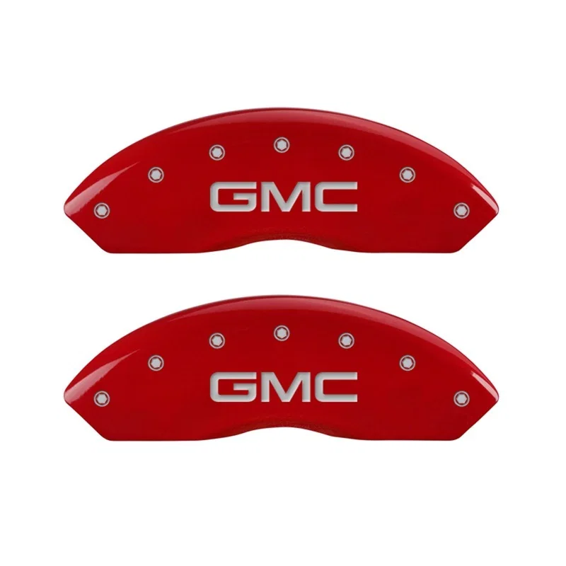 MGP 34012FGMCRD, Front set 2 Caliper Covers Engraved Front GMC Red finish silver ch