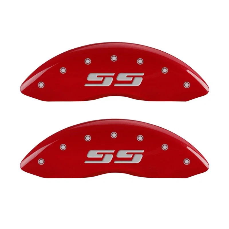 MGP 14238FSS3RD, Front set 2 Caliper Covers Engraved Front Silverado style/SS Red finish silver ch