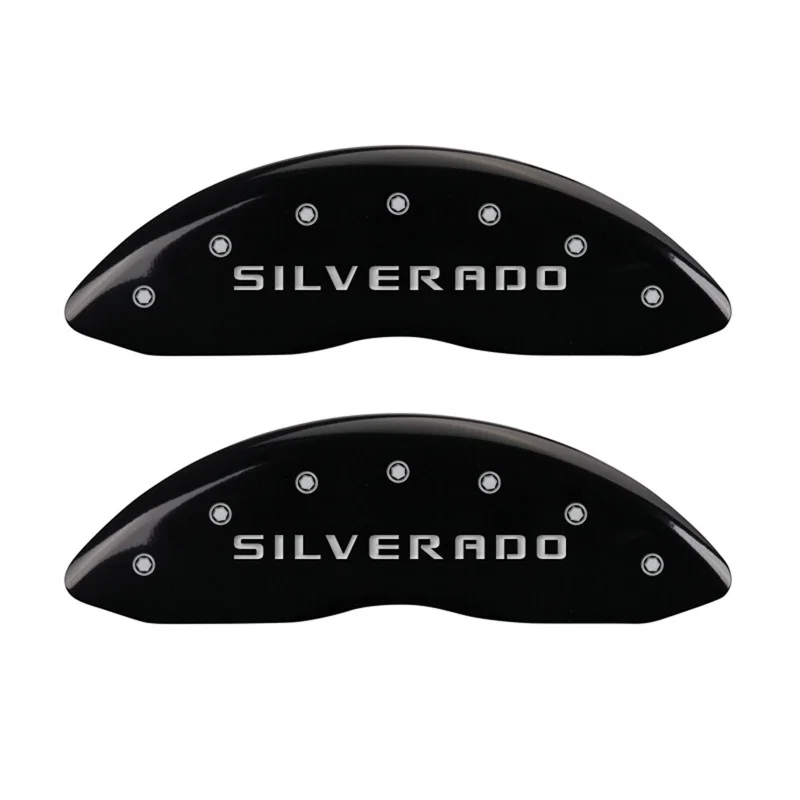 MGP 14207FSILBK, Front set 2 Caliper Covers Engraved Front Silverado Black finish silver ch