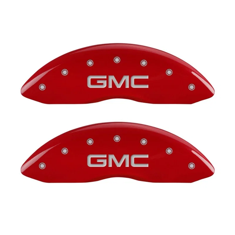 MGP 34207FGMCRD, Front set 2 Caliper Covers Engraved Front GMC Red finish silver ch