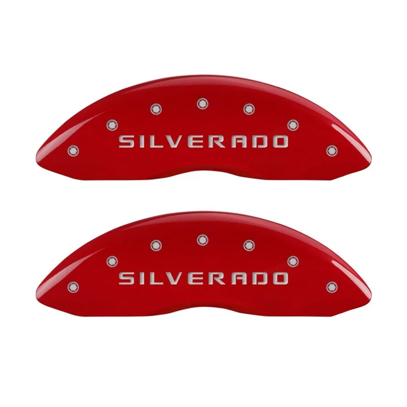 MGP 14207FSILRD, Front set 2 Caliper Covers Engraved Front Silverado Red finish silver ch