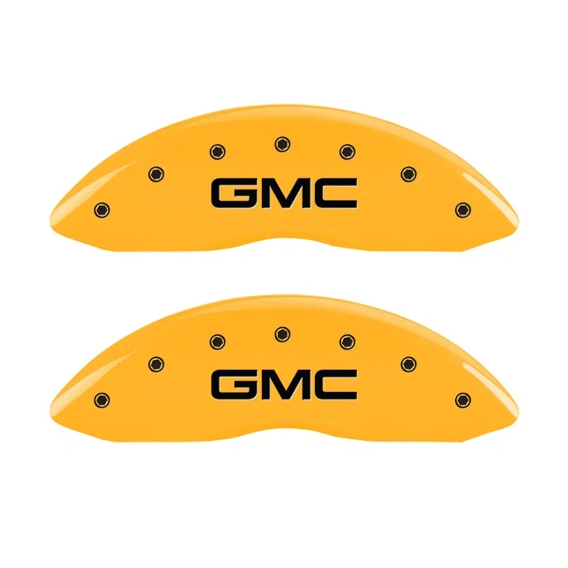 MGP 34207FGMCYL, Front set 2 Caliper Covers Engraved Front GMC Yellow finish black ch