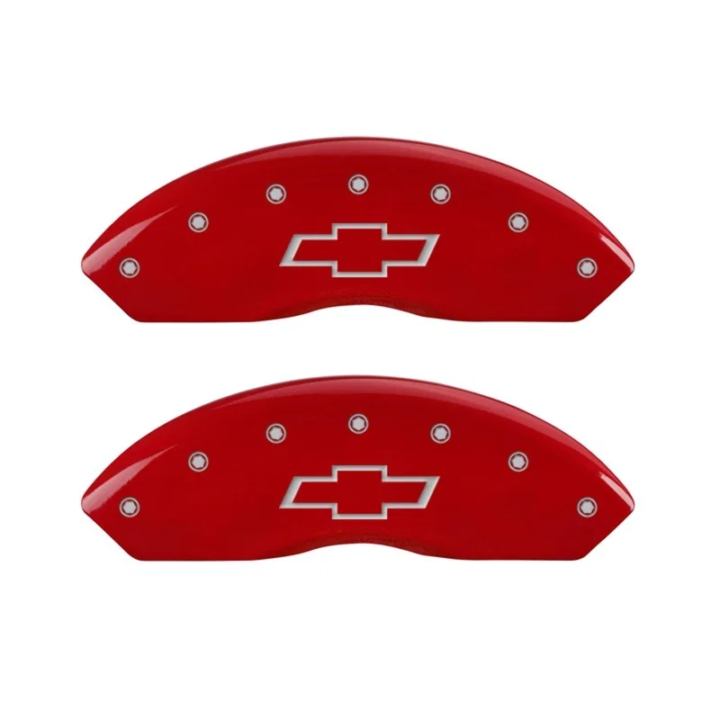 MGP 14003FBOWRD, Front set 2 Caliper Covers Engraved Front Bowtie Red finish silver ch