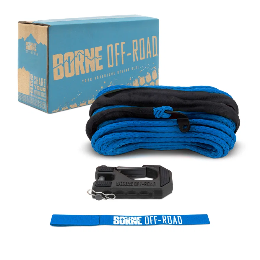 Mishimoto BNWN-SR-38-85KBL, Borne Off-Road BNWN-SR-38-85KBL Replacement Synthetic Winch Rope, Blue, Hook, and Tether Strap