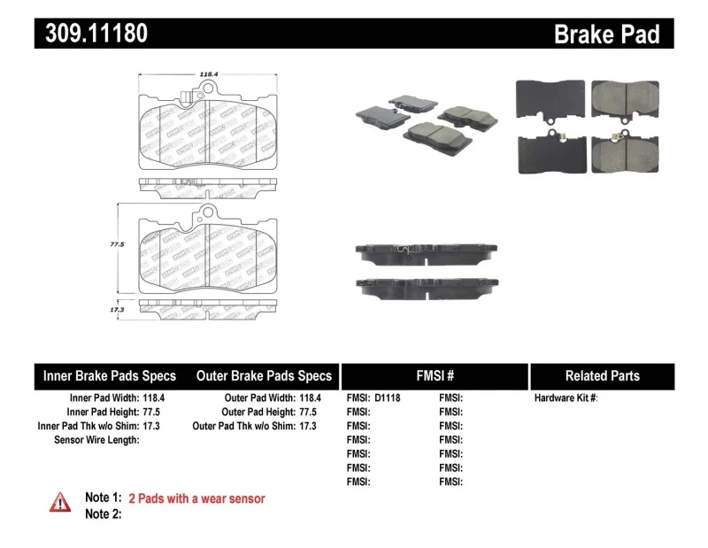 Stoptech 309.11180, Performance 06 Lexus GS300/430 / 07-08 GS350 / 06-08 IS350 Front Brake Pads
