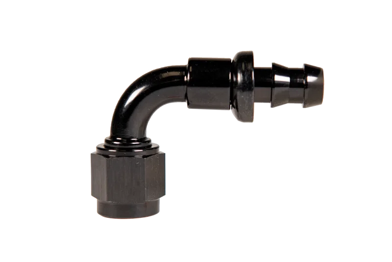 Fleece Performance FPE-PL-90-06, Universal -6AN 90Deg to Hose Barb - Black