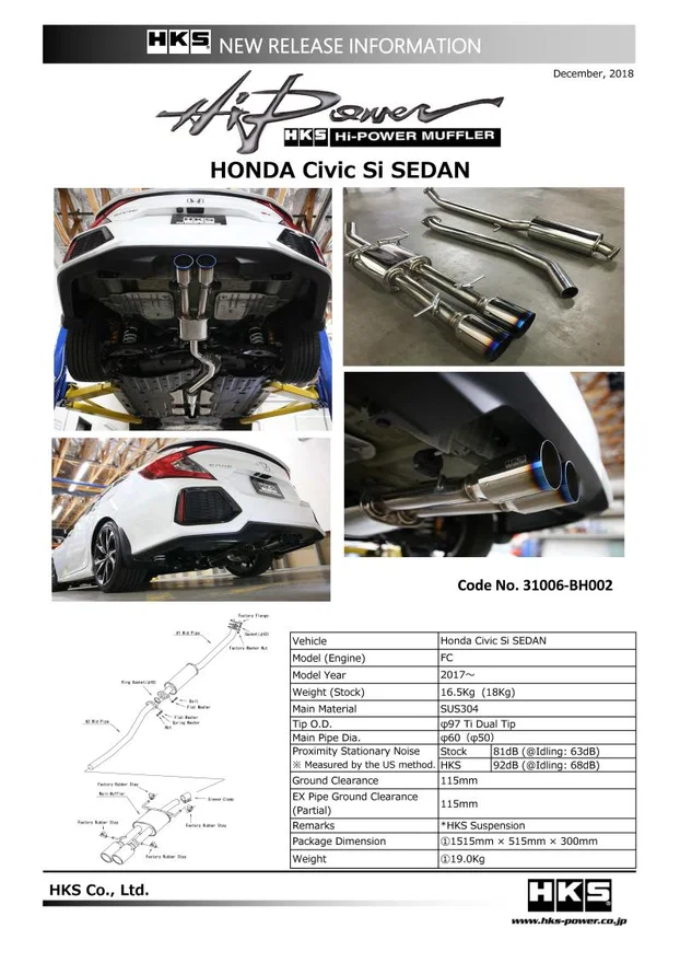 HKS 31006-BH002, 17+ Honda Civic Si Sedan (FC) Hi-Power Muffler Exhaust