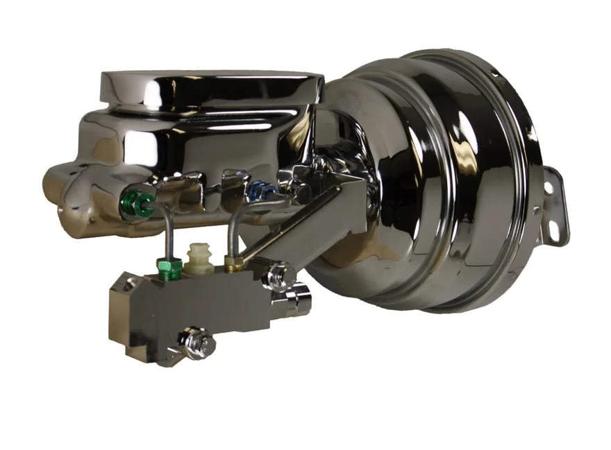 8 inch dual power booster, 1-1/8 inch bore flat top master disc/disc (Chrome)
