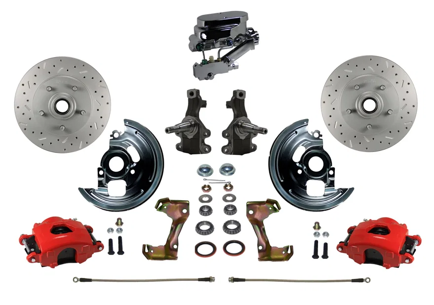Front Manual Kit with 2" Drop Spindles Drilled Rotors and Red Powder Coated Calipers