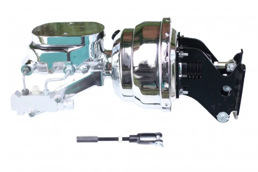 8 inch dual power booster, 1-1/8 inch bore flat top master disc/disc (Chrome)