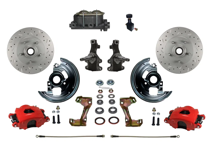 Front Manual Kit with 2" Drop Spindles Drilled Rotors and Red Powder Coated Calipers for Chevrolet Chevy II