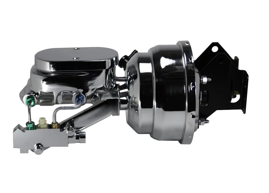 8 inch dual power booster, 1-1/8 inch bore flat top master disc/disc (Chrome)