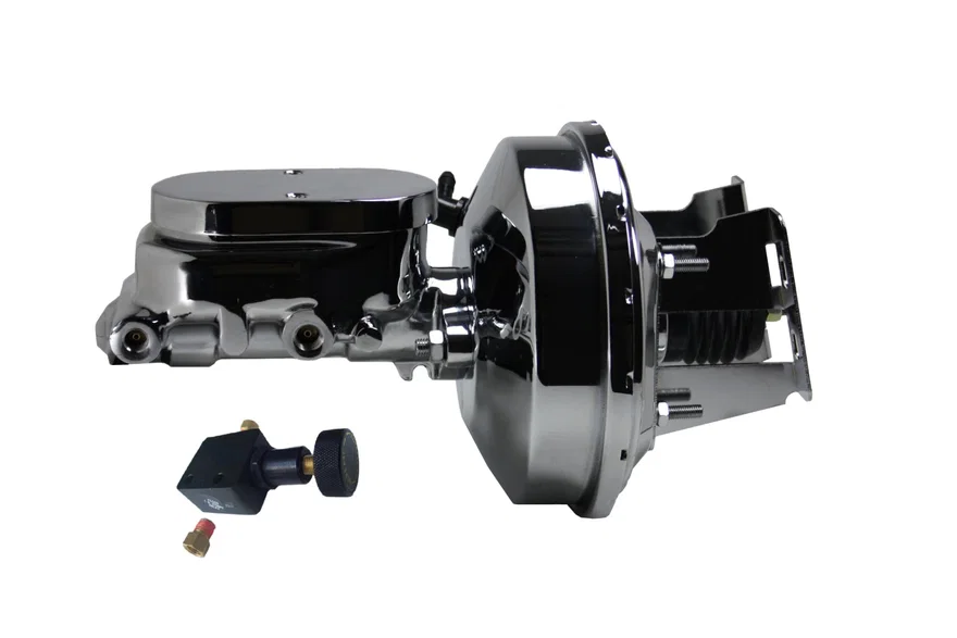 Leed Brakes 4R605, 9 inch power booster, 1-1/8 inch bore flat top master adjustable valve (Chrome)