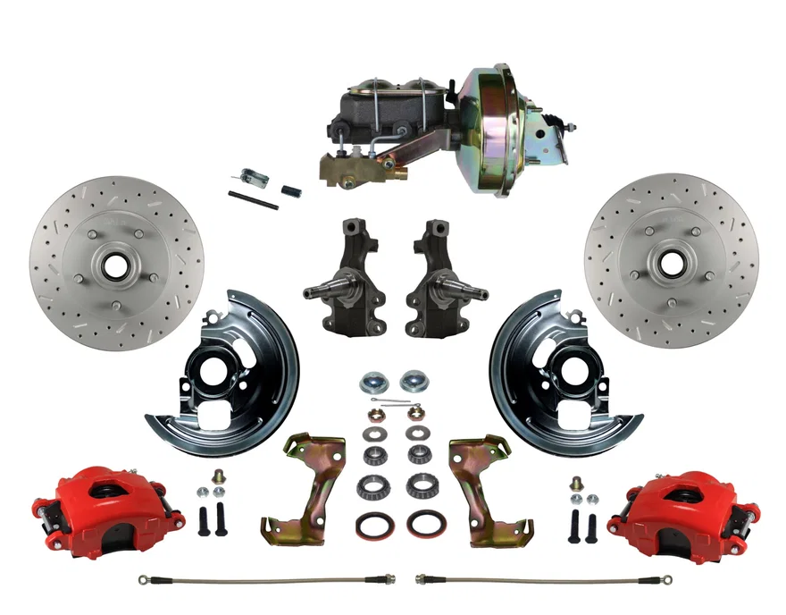 Front Power Kit with 2" Drop Spindles Drilled Rotors and Red Powder Coated Calipers