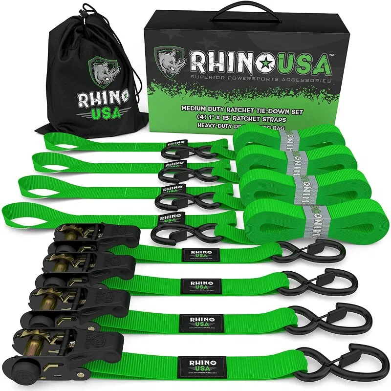 Rhino USA RCHT-4PACK-GRN, Medium Duty Ratchet Strap Tie-Down 4-Pack (Green)