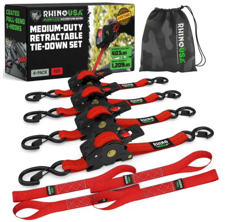 Rhino USA TD-RSRE1X10-RED-R, Retractable Ratchet Straps (4Pk 1Inx10Ft) (Red)