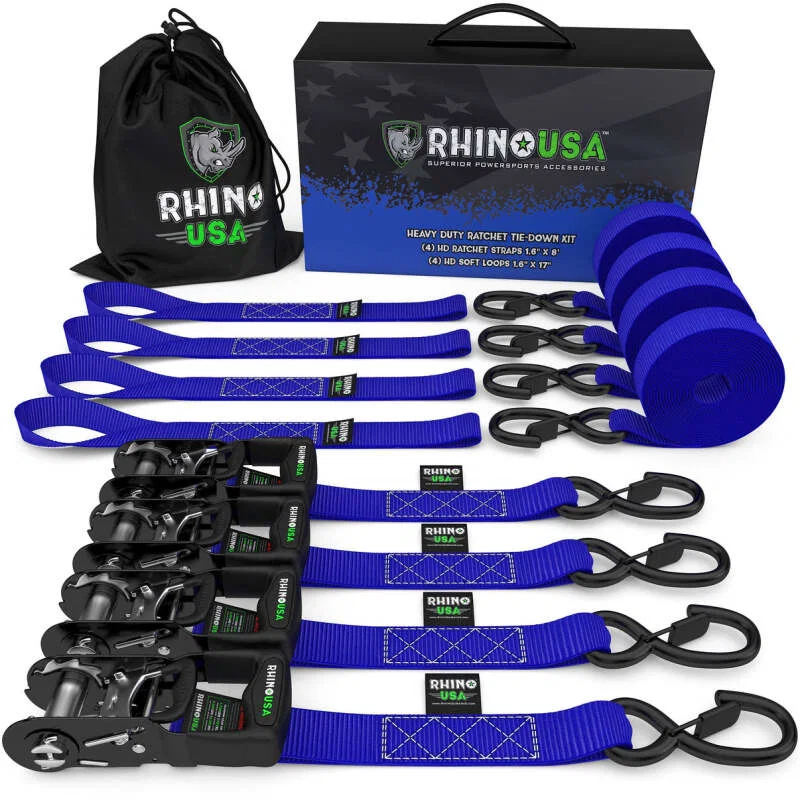Rhino USA TD-GC1.6X15-BLU, Heavy Duty Ratchet Tie-Down 4-Pack Blue 1.6In X 15Ft