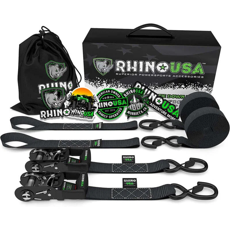 Rhino USA GRLA-TDWN-SET, Heavy Duty Ratchet Tie-Downs 2-Pack (Black) 1.6In X 8Ft