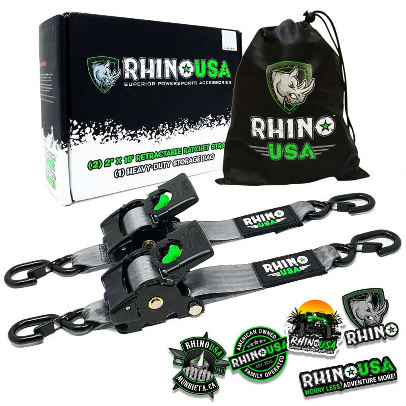 Rhino USA TD-RSRE2X10-GRY, Retractable Ratchet Straps (2Pk 2Inx10Ft) Gray