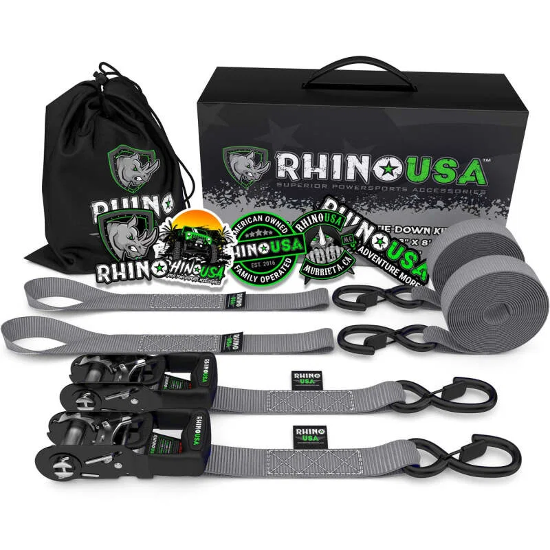 Rhino USA HDKIT-2PK-GRY, Heavy Duty Ratchet Tie-Downs 2-Pack (Gray) 1.6In X 8Ft