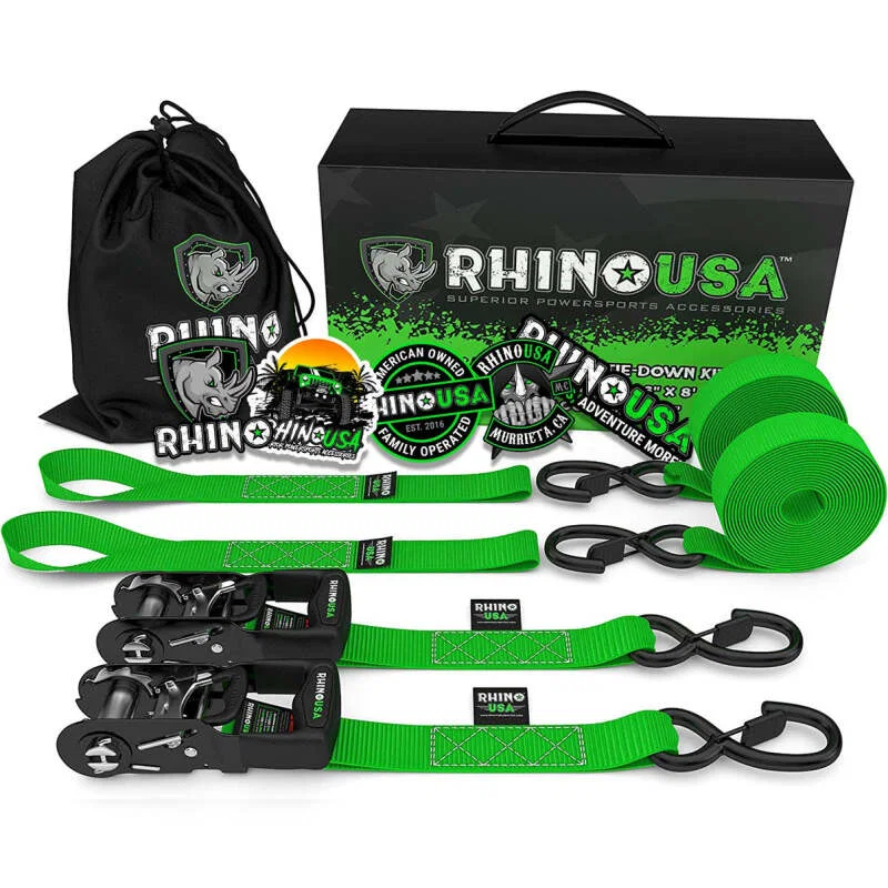 Rhino USA HDKIT-2PK-GRN, Heavy Duty Ratchet Tie-Downs 2-Pack (Green) 1.6In X 8Ft