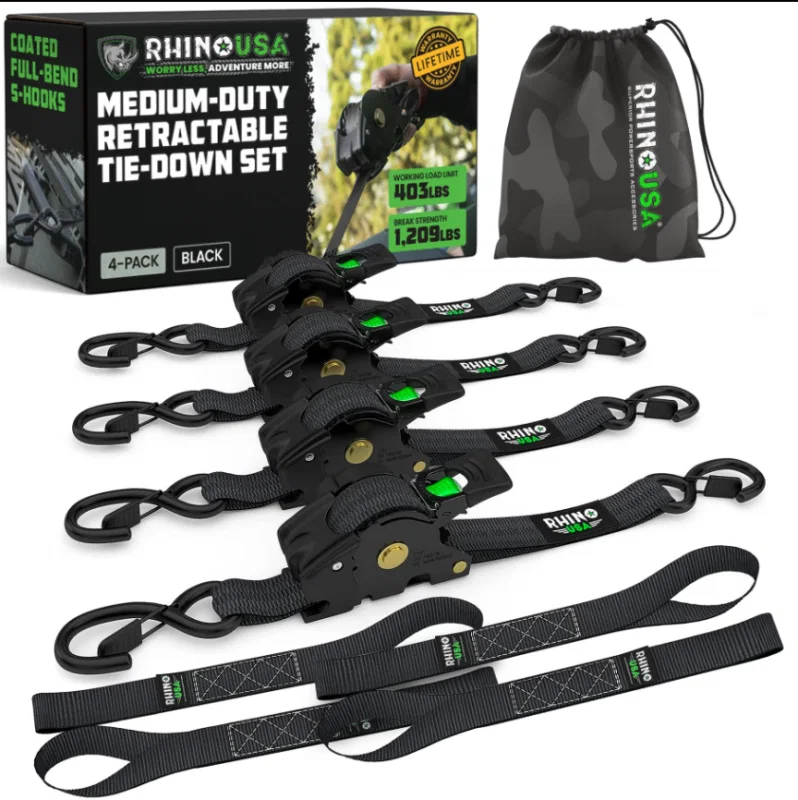 Rhino USA TD-RSRE1X10-2BLK, Retractable Ratchet Straps (2Pk 1Inx10Ft) Black