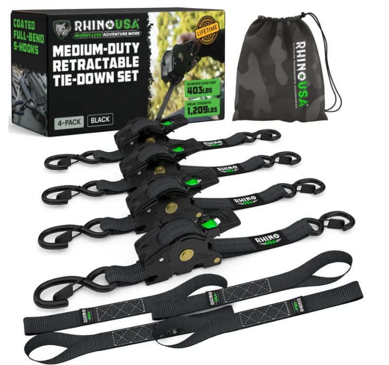 Rhino USA TD-RSRE1X10-BLK-R, Retractable Ratchet Straps (4Pk 1Inx10Ft) (Black)