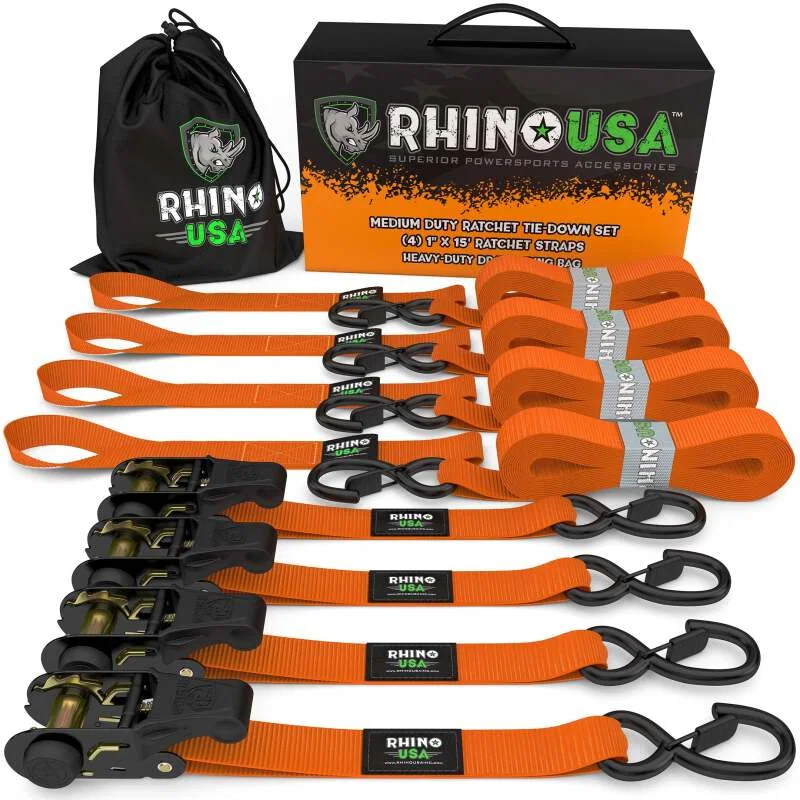 Rhino USA RCHT-4PACK-ORG, Medium Duty Ratchet Strap Tie-Down 4-Pack (Orange)