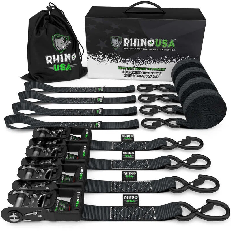 Rhino USA HD-RATCHETKIT-4PK, Heavy Duty Ratchet Tie-Down 4-Pack (Black) 1.6In X 8Ft