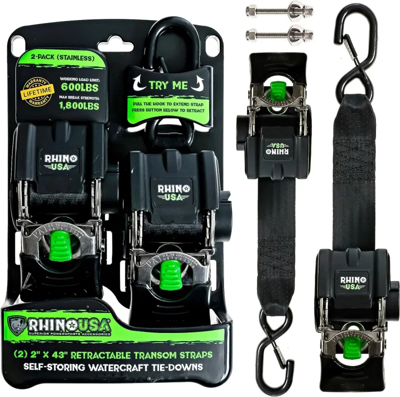 Rhino USA TD-MSTR2X43-STNLS, Retractable Transom Straps (2 Pack-Stainless)