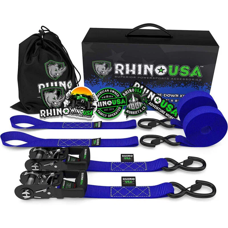 Rhino USA HDKIT-2PK-BLU, Heavy Duty Ratchet Tie-Downs 2-Pack (Blue) 1.6In X 8Ft
