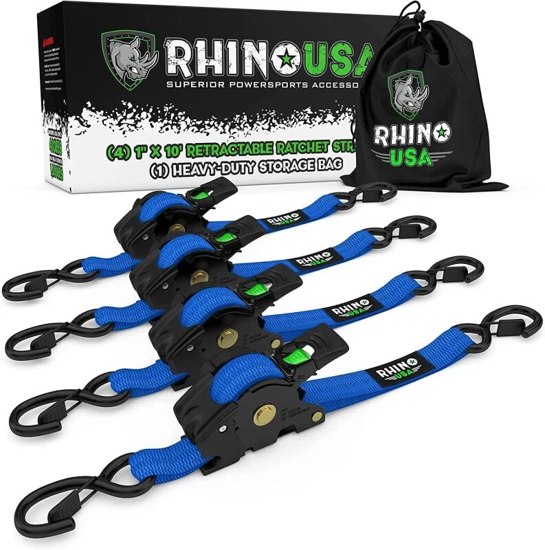 Rhino USA TD-RSRE1X10-BLU, Retractable Ratchet Straps (4Pk 1Inx10Ft) (Blue)