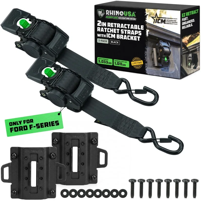Rhino USA TD-ICMRE2X10-F, 2in Retractable Ratchet Straps w/Bracket - Black