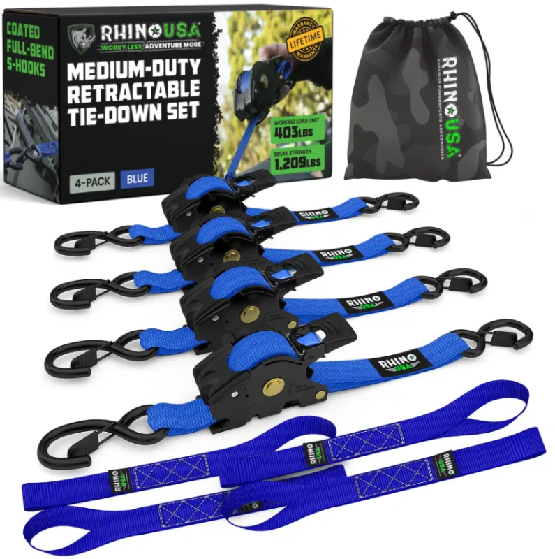 Rhino USA TD-RSRE1X10-2BLU, Retractable Ratchet Straps (2Pk 1Inx10Ft) Blue