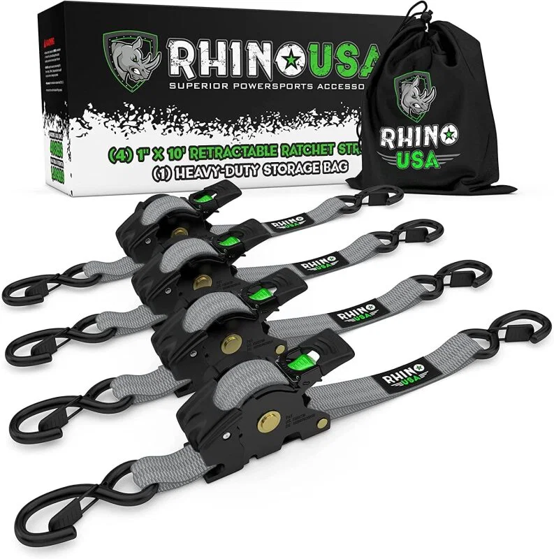 Rhino USA TD-RSRE1X10-GRY, Retractable Ratchet Straps (4Pk 1Inx10Ft) (Gray)